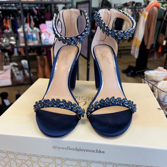 Jewel by Badgley Mischka Odessa Crystal Adorned Block Heel Navy Blue - Picture 3 of 5